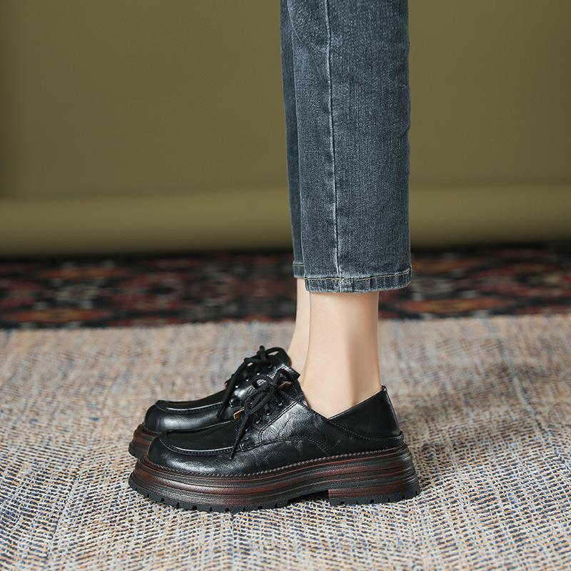 Британские лоферы на платформе со шнуровкой для женской весенне-летней новой обуви, два способа носки, на одном ремешке, с круглым носком, на толстом каблуке, черные, из маленькой кожи