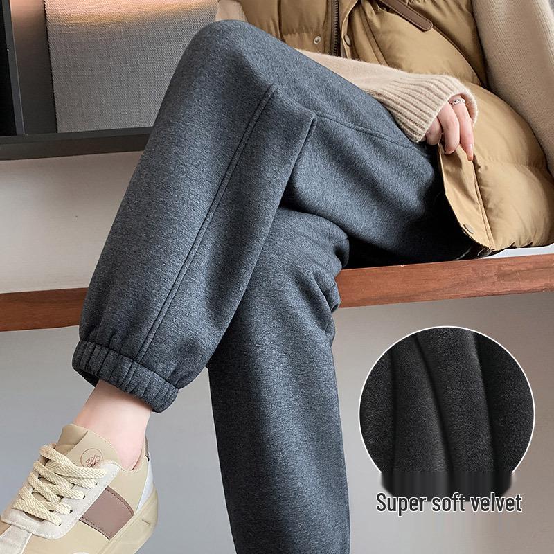 Женские флисовые спортивные штаны с высокой посадкой и манжетами - Толстые серые джоггеры для осени/зимы 2024