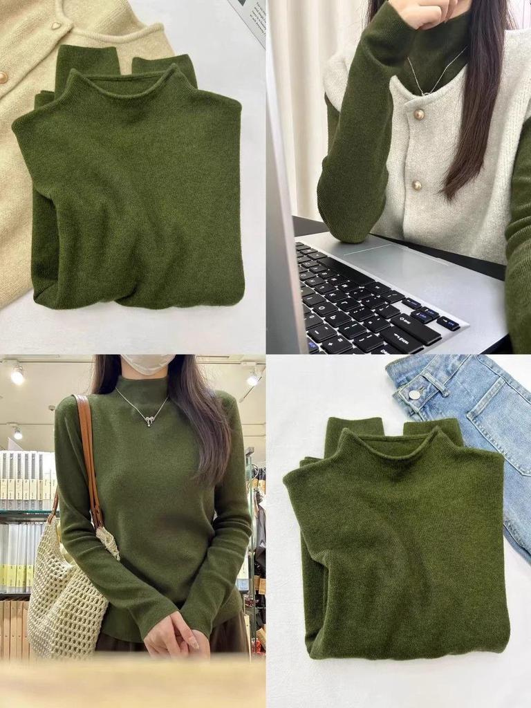 Women's Angora Red Anti-Aging Whitening Sweater | Autumn Winter Half-High Collar Long Sleeve Knit Top