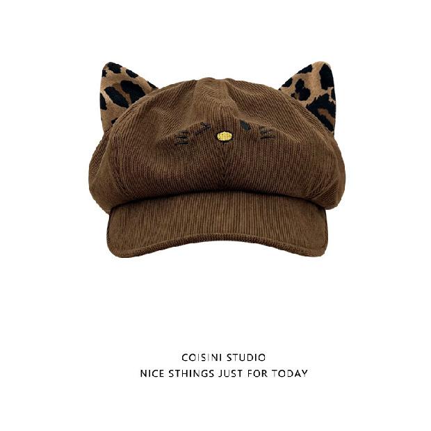 Cat ear corduroy octagonal hat for women, warm and versatile, makes the face look smaller