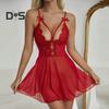 Sexy Women Nightdress Low-cut V Neck Hollow Out Sleeveless Backless See-through Lace Mesh Bow Decor Irregular Club Honeymoon Wedding Night Lady