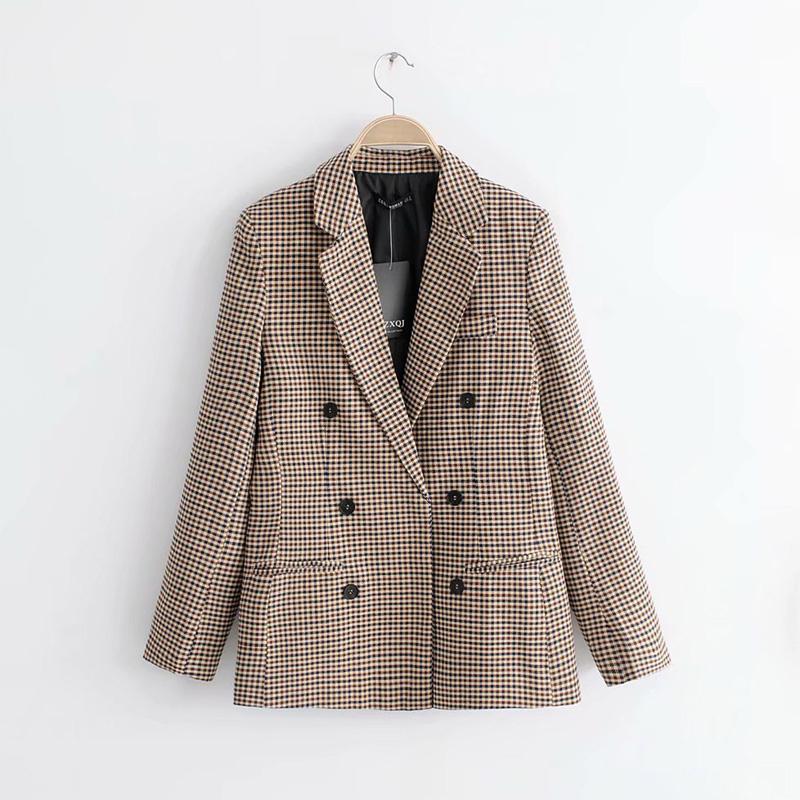 Женский клетчатый пиджак, весеннее двубортное пальто в клетку с длинным рукавом, формальный пиджак, костюм, женская верхняя одежда