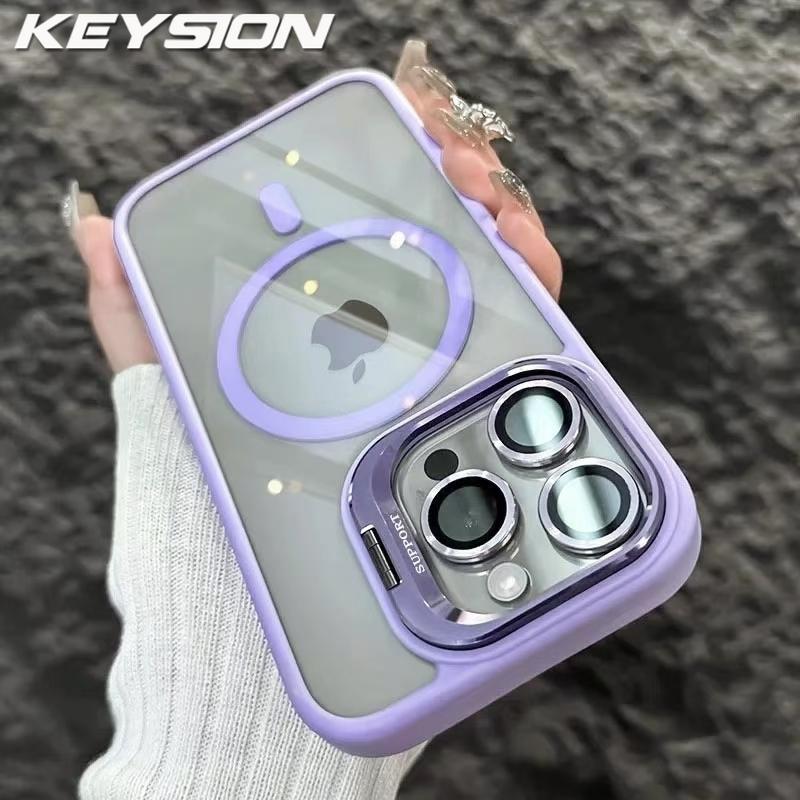 KEYSION Magnetic Transparent Phone Case for MagSafe for iPhone 15 16 Pro Max 16 Plus 16e Lens Protector Metal Stand Shockproof Cover