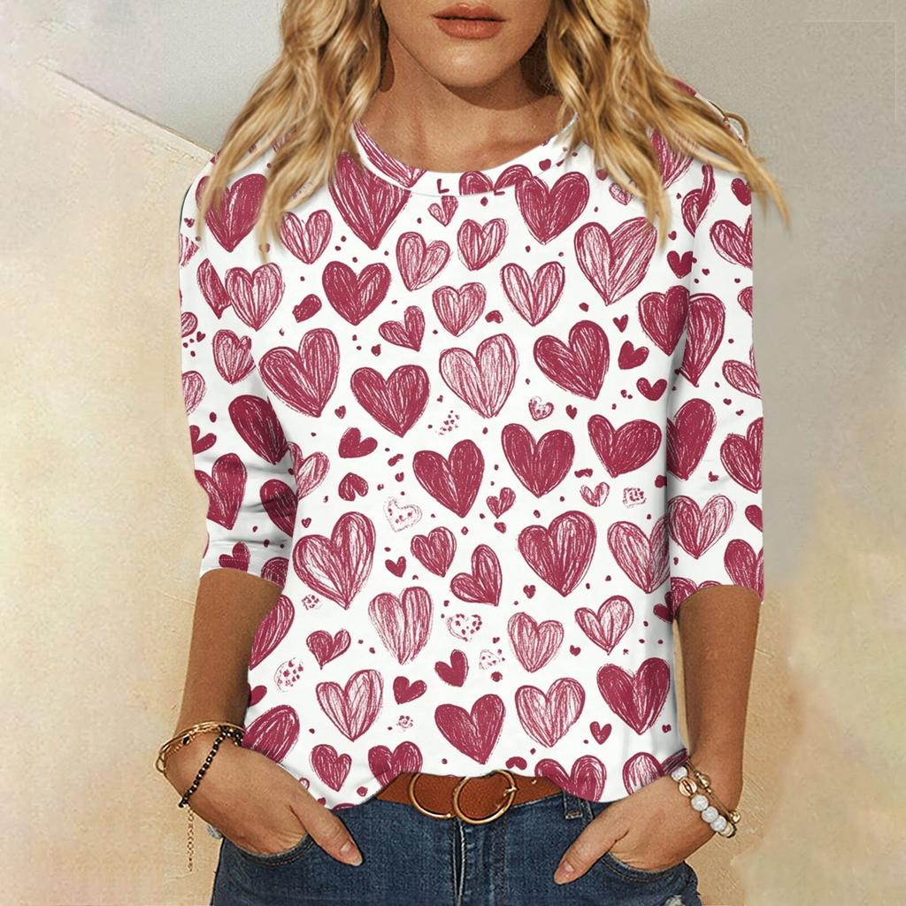 Women's Fashion Casual Round Neck 3/4 Sleeve Loose Valentine's Day Printed T-Shirt Ladies Top