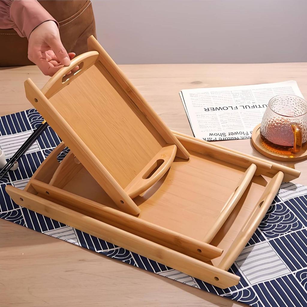 Bamboo Serving Tray with Handles Stackable Design Nesting Bamboo Trays Kitchenware for Dining Room