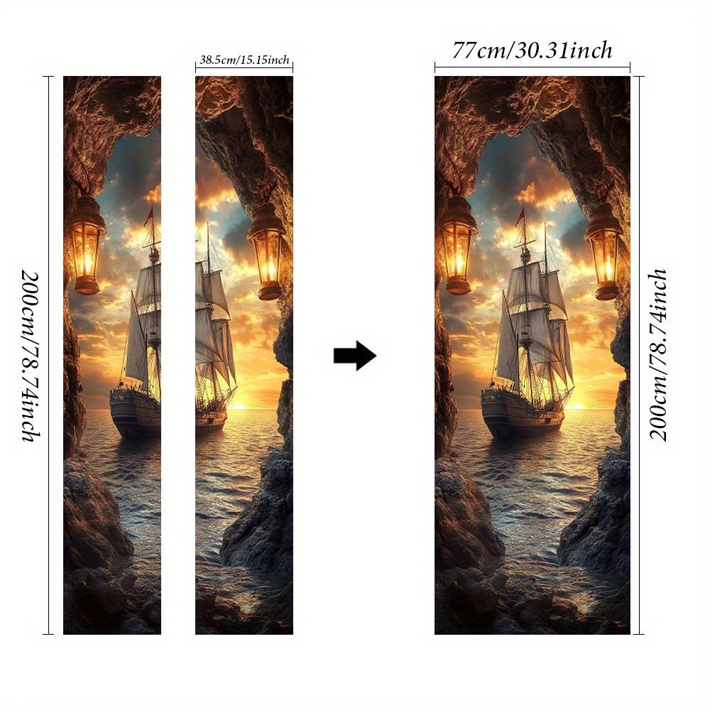 1/2pc Ocean Wall Mural Door Sticker - Removable Self-Adhesive PVC Door Sticker with Sunset and Sailing Scene, Cartoon Theme Home Decor