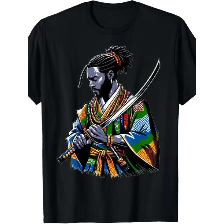 Unique Dreadlocked Samurai Illustration Black T-Shirt - Stylish Tee Featuring a Bold Design of a Man with Traditional Samurai Attire, Dreadlocks, and