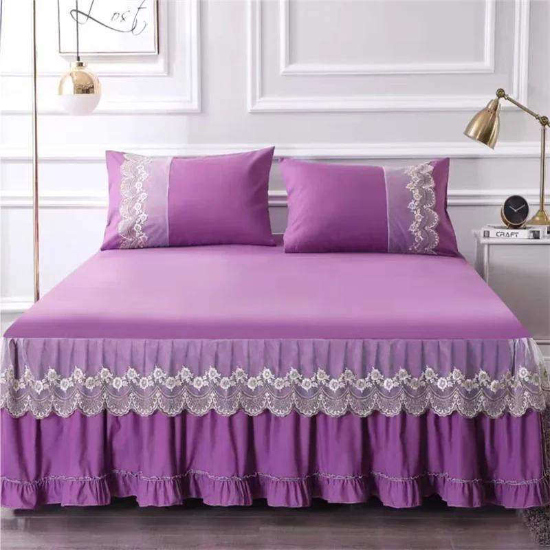 3pcs Bed Skirt Set with Ruffle Lace Anti Slip 1 8x2 0m Bed Cover Solid Mattress Dust Cover Pillowcase