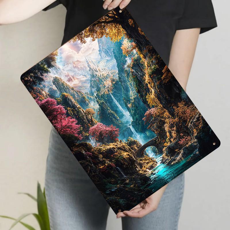 Enchanted Valley Castle Landscape Metal Wall Art European Vintage Iron Painting for Living Room Home Decor