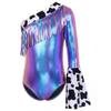 Girls Cowgirl Costume Left Long Flare Sleeve Fringed Metallic Patchwork Leotard Press Buttons Bodysuit