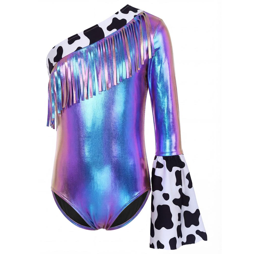 Girls Cowgirl Costume Left Long Flare Sleeve Fringed Metallic Patchwork Leotard Press Buttons Bodysuit