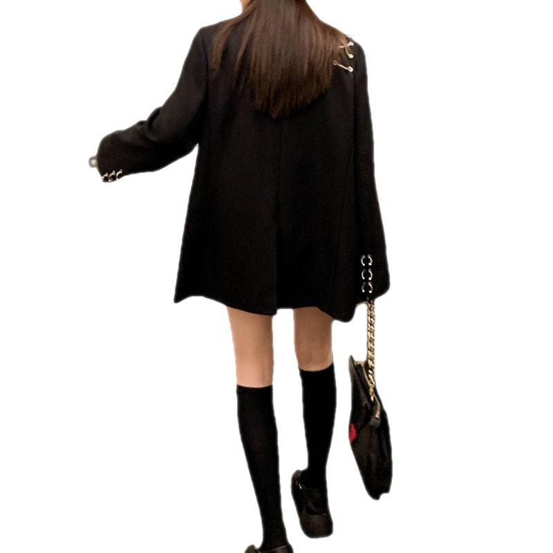 Винтажный готический черный пиджак женский корейский стиль цепочка длинный рукав свободный пиджак весна осень офисная женская верхняя одежда Harajuku