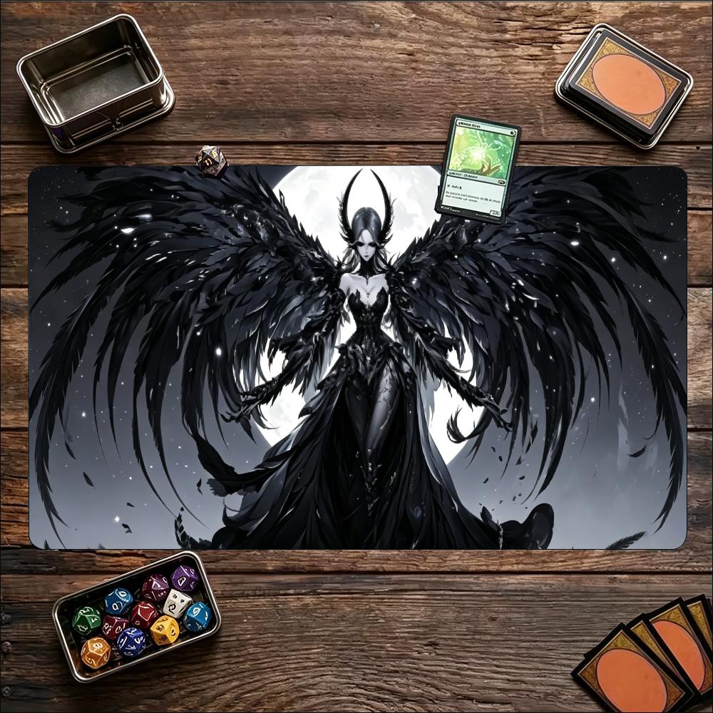 Extra Large Playmat Dark Fallen Angel Fantasy Print Stitched Border Anti‑Slip Rubber Mat For Board Card Game Gaming Home Office