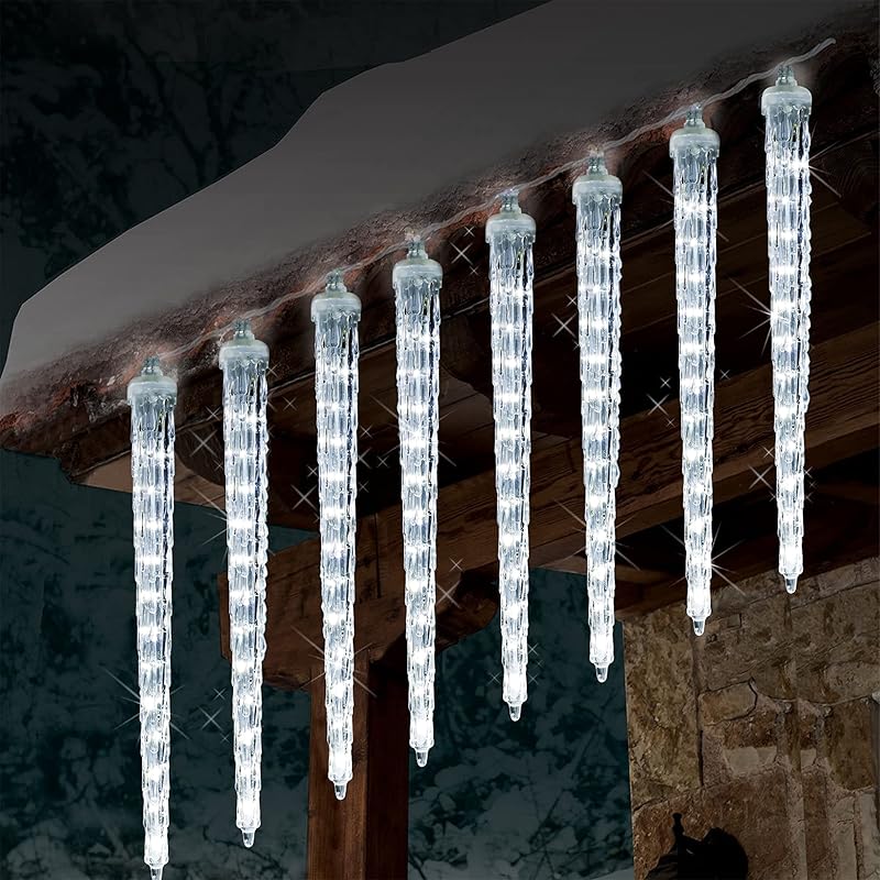 WATERGLIDE Meteor Shower Lights, 11" Outdoor Christmas Lights 10 Icicles 240 SMD LED Crystal Ice Falling Light, Connectable Raindrop Iciclelights,