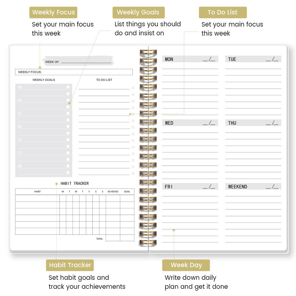 Undated Weekly Planner Spiral Notebook With Habit Tracker To Do List Goal Setting Stickers For School Work