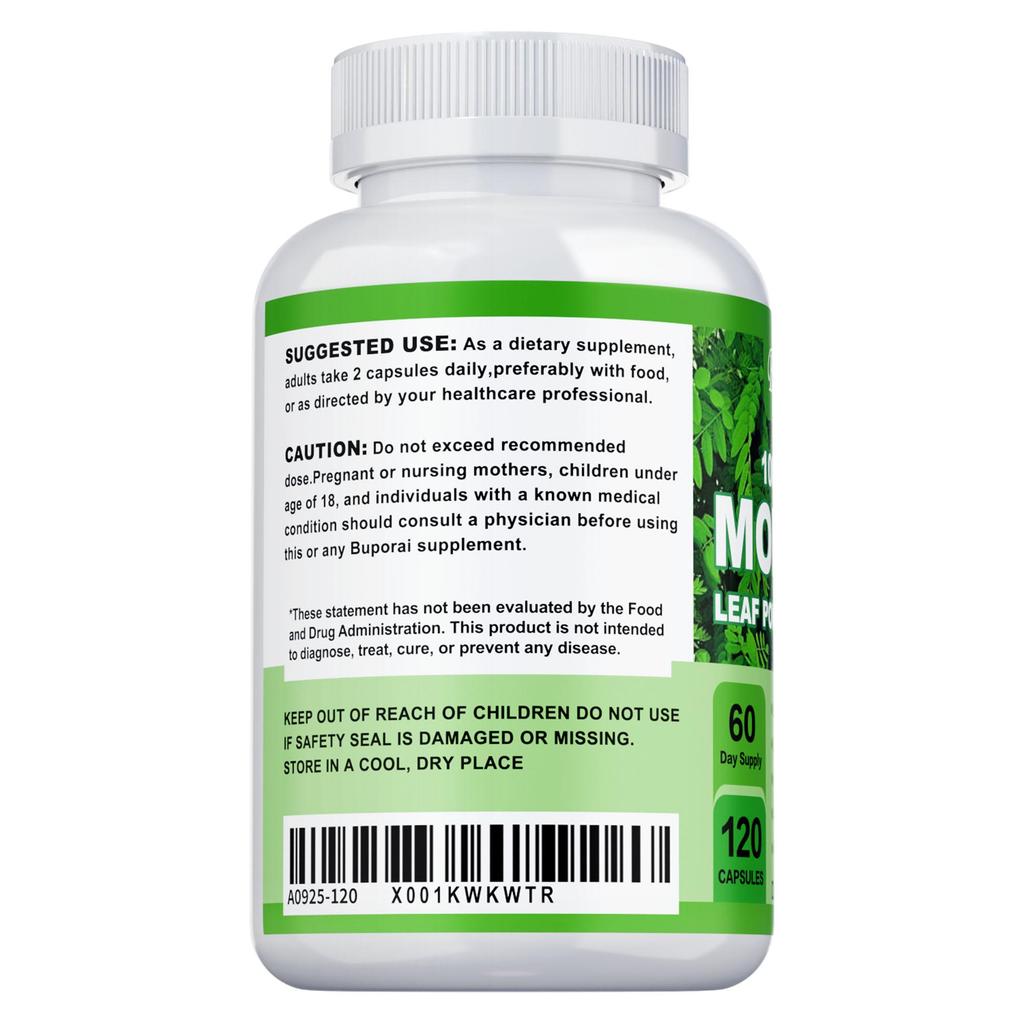 Moringa Capsules, 120 vegan moringa leaf powder capsules, an anti-inflammatory supplement that boosts the immune system, energy, and brain function.