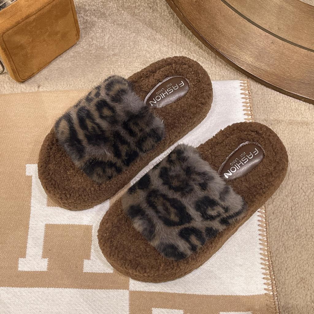 Модные женские тапочки с леопардовым мехом, хлопковые туфли на платформе и толстом каблуке, зимние повседневные шлепанцы 2025 года, новые домашние плюшевые мюли Zapatos De Mujer