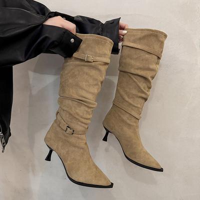 2025 НОВЫЕ Универсальные ботинки Носить Мягкая кожа Бархат Высокий каблук Ботфорты выше колена Женские Весенне-осенние Мягкие ботинки