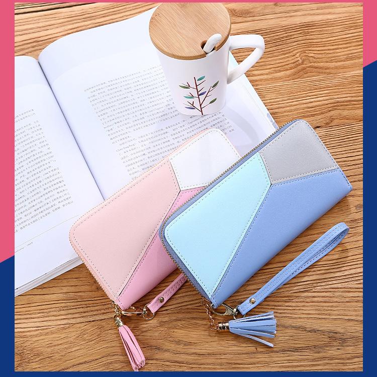Contrasting Color Stitching Long Wallet Ladies Clutch Bag New Fashion Large Capacity Zipper Wallet Women Tassel Bag