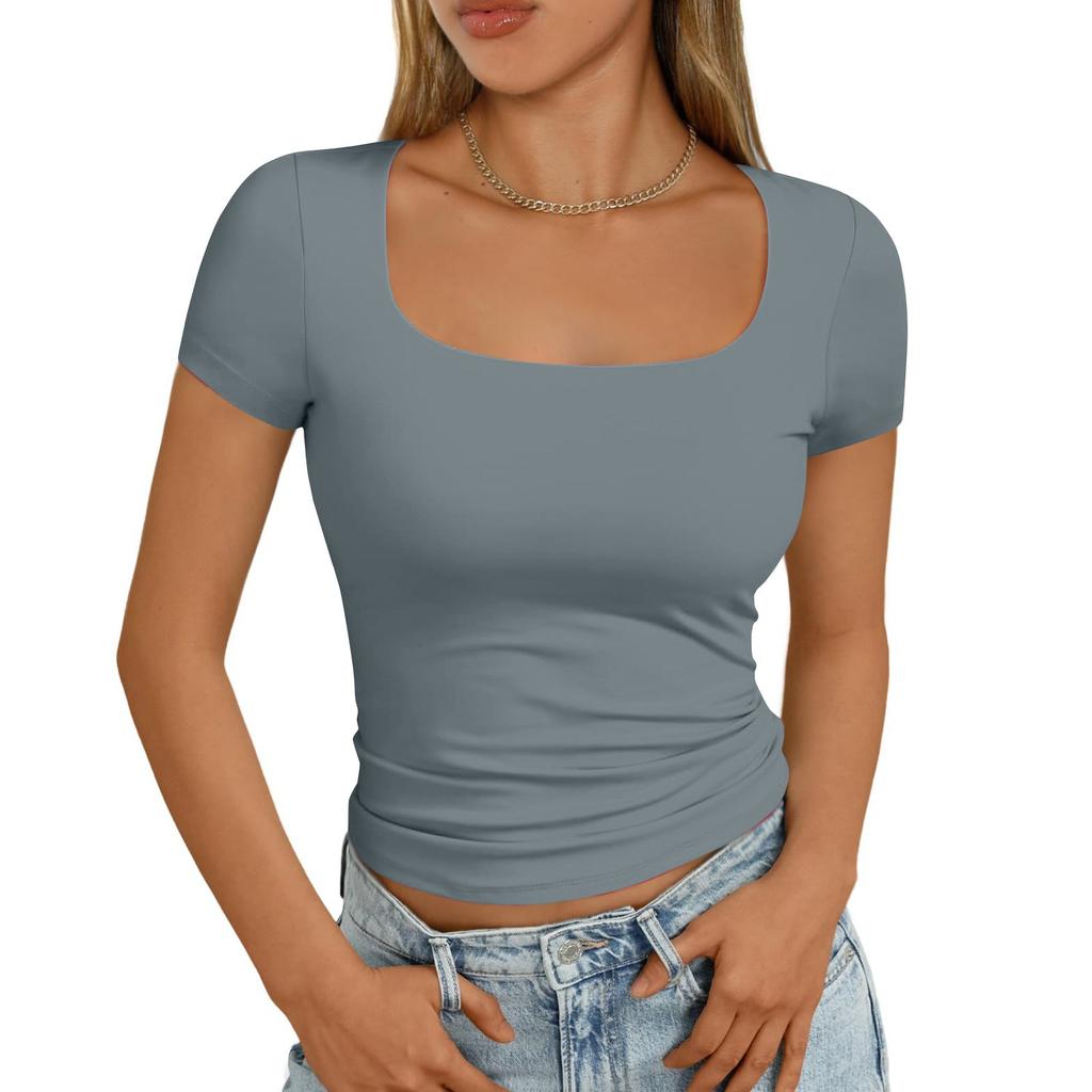 Женская мода повседневная узкая рубашка с коротким рукавом и квадратным вырезом, верхняя одежда, топы