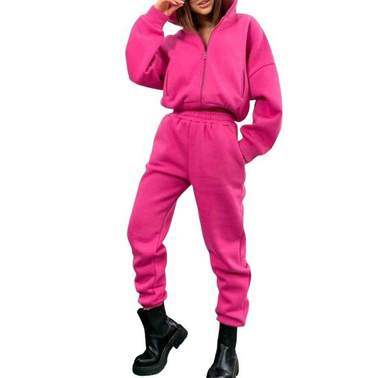 2 шт./компл. женское пальто и брюки комплект свободная молния эластичная талия с капюшоном сплошной цвет теплые флисовые эластичные манжеты