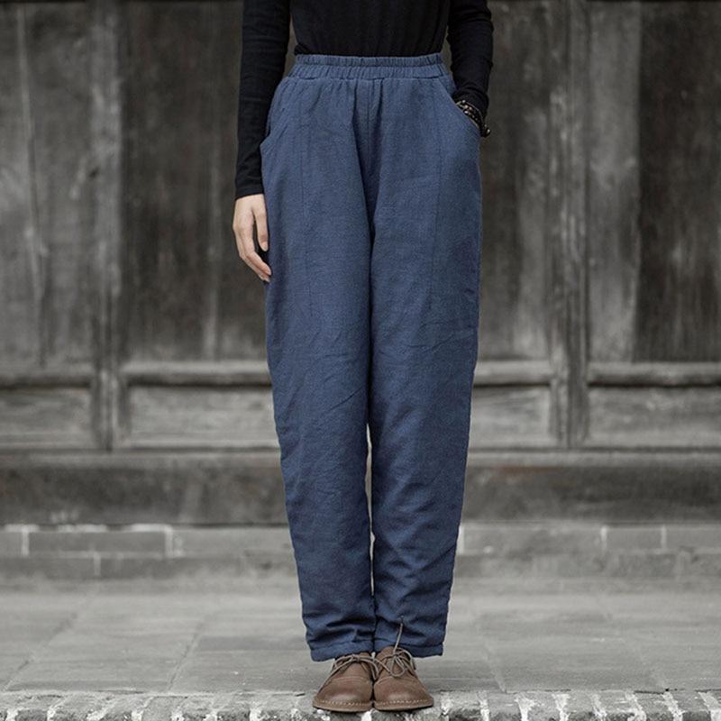 Johnature Женские повседневные брюки из хлопка и льна, однотонные стеганые брюки с эластичной резинкой на талии, зимние винтажные толстые брюки