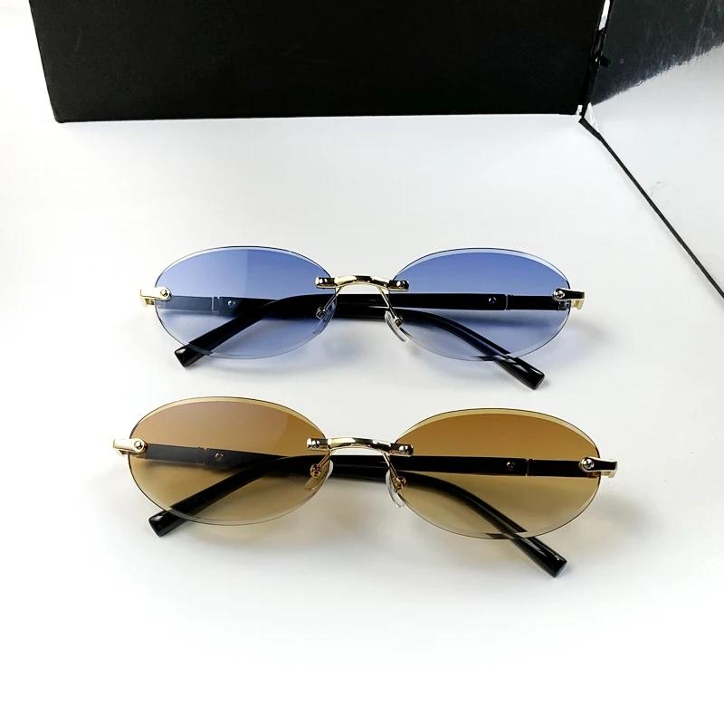Luxury Oval Rimless Sunglasses Latest in Designer Female Gradient Suneyeglass Outdoors UV400 Protection Eye Protection Goggle