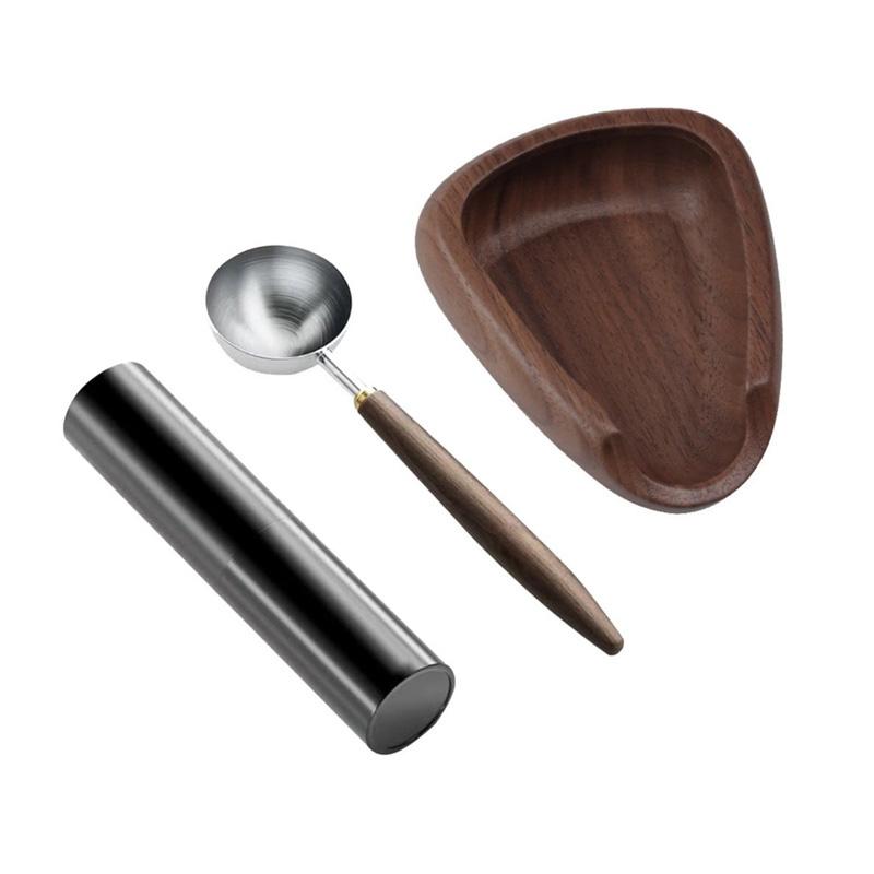 3pcs Set Wood Coffee Bean Dosing Tray Anti-static Spray Bottle Measuring Spoon Espresso Dosing Tray Weigh Coffee Bean Container