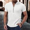 Men's Solid Color Cotton and Linen Short-sleeved Shirt Summer Casual Henry Collar Shirt Button V-neck Pullover Loose Top S-XXXL