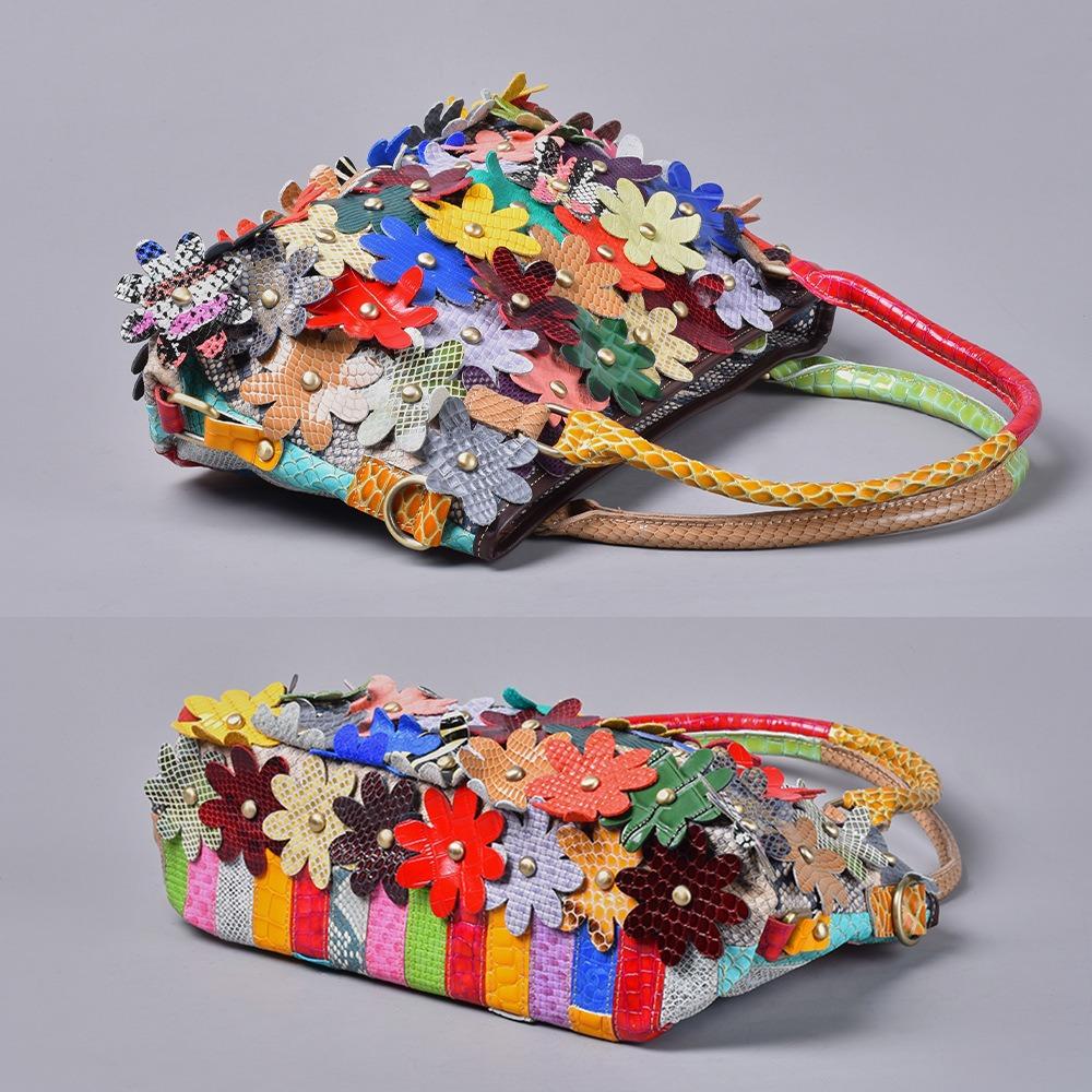 Genuine Leather Women's Handbag Snake-patterned Flower Color-matching Single-shoulder Lady's Handbag