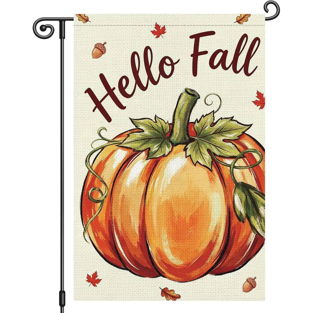 Hello Fall Garden Flag Autumn Pumpkin Garden Flag | Double Sided Print, Fall Outdoor Decoration, for Outside House Yard Porch