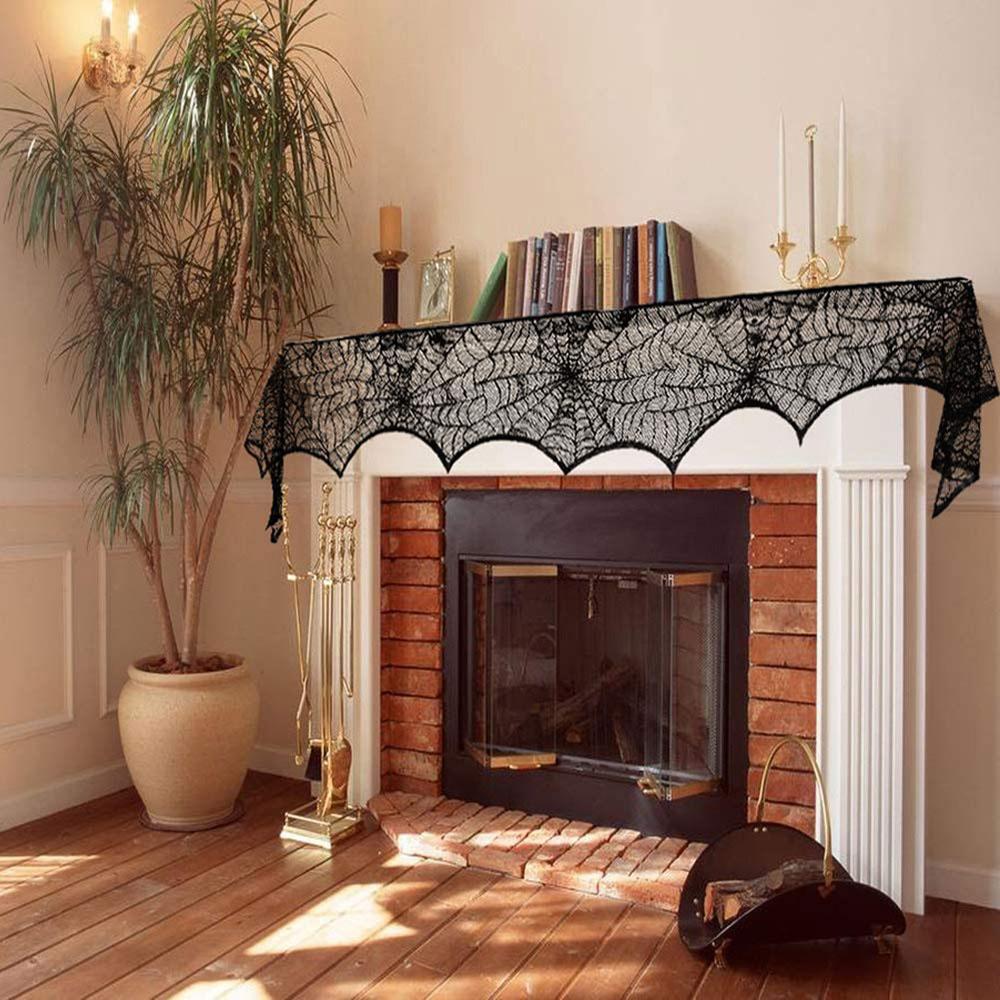 Halloween Decorations Props Black Lace Spiderweb Fireplace Mantle Scarf Cover