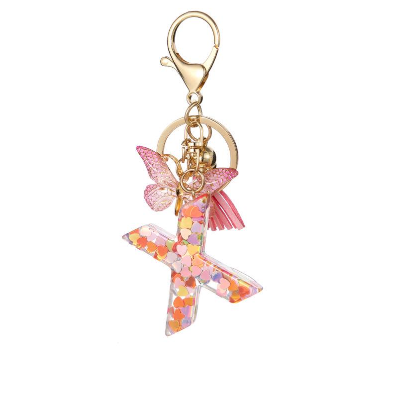 A-Z Dreamy Letters Keychain for Women Tassels Butterfly Pendant Initial Keyrings Purse Suspension Bags Car Key Chain Pink