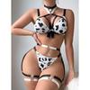 Корова Печать Вырез Цепочка Деталь Сексуальное Нижнее Белье Комплект Чокер Бюстгальтер Трусики Корсет Комбинированный Наряд Сексуальное Нижнее Белье