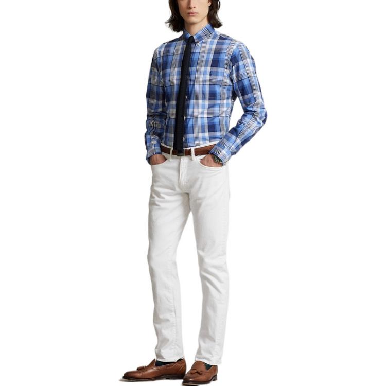 Polo Ralph Lauren SS22 клетчатая рубашка на пуговицах с длинным рукавом, приталенная рубашка, мужские рубашки, синяя MNPOWOV16822346