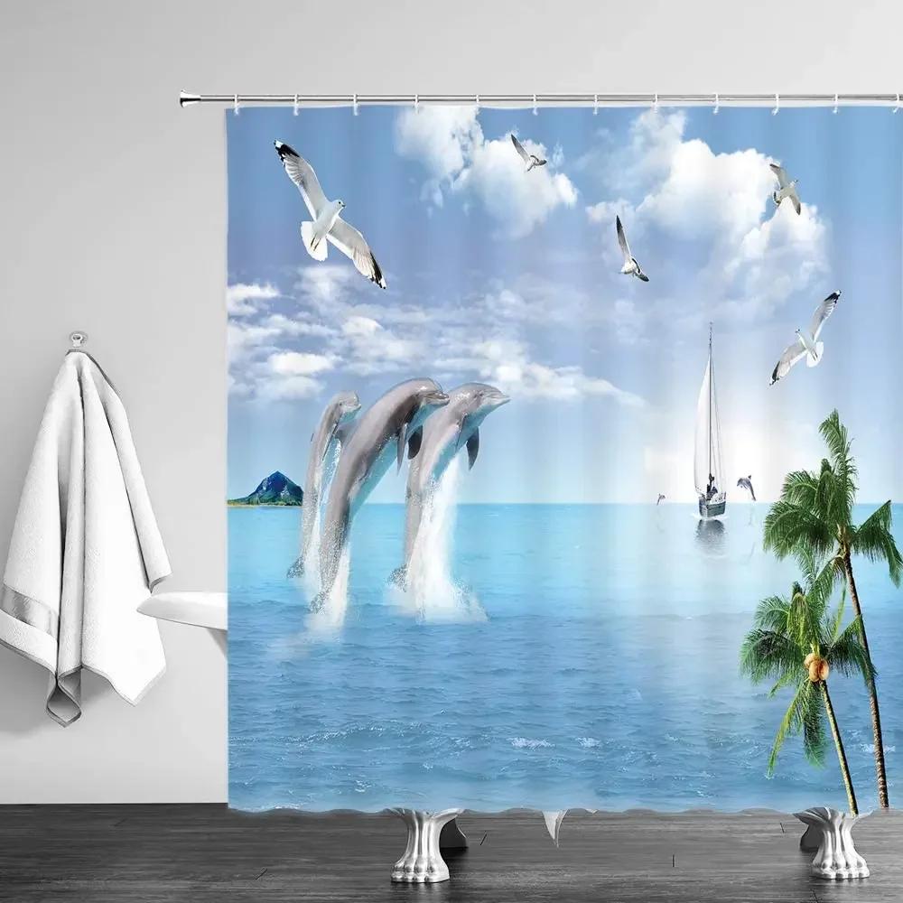 Nature Landscape Shower Curtains Ocean Dolphin Palm Tree Forest Waterfall Scenery Farm Horse Cloth Bathroom Decor Set With Hooks