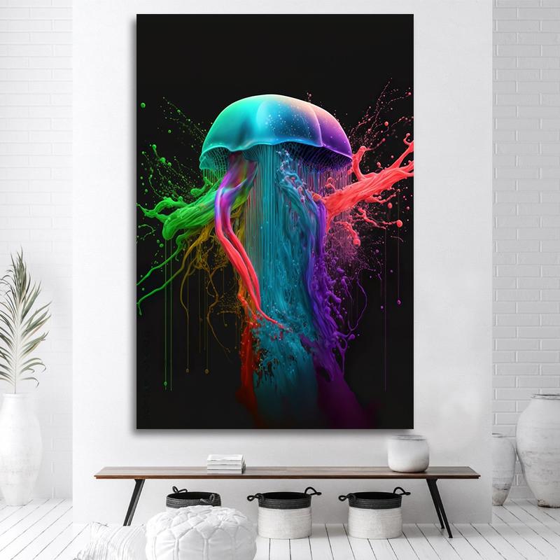 Abstract Colorful Splash Jellyfish Canvas Painting Magic Sealife Posters and Prints for Living Room Porch Wall Decor NO Frame