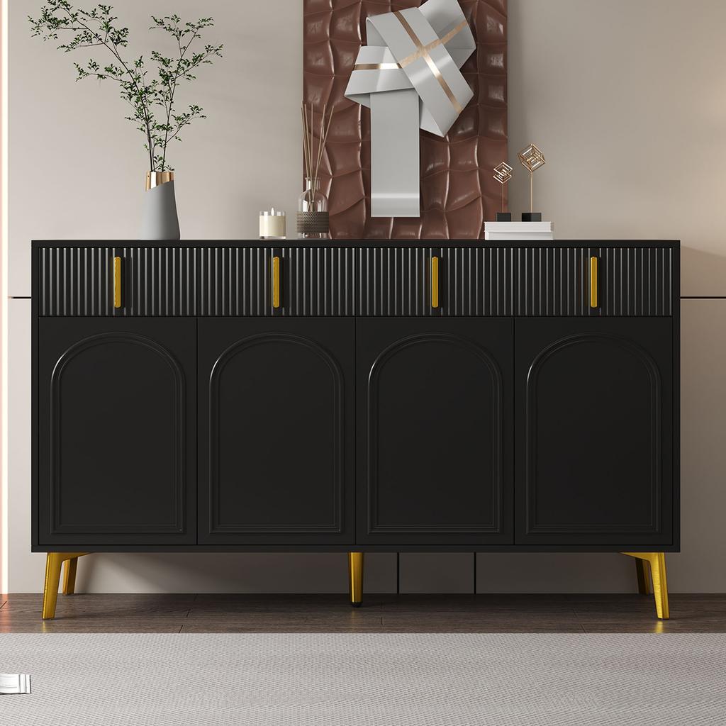 Sideboard with Golden Handles and Legs, 4 Doors, 4 Drawers, with Removable Laminate, Suitable for Living and Dining Room, 140*38*82 cm.