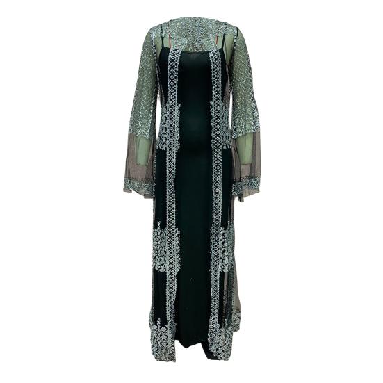 2 Pcs/Set Women Evening Dress Big Swing Shiny Bronzed Cardigan Slip Dress Set See-through Mesh Long Sleeve Coat Cocktail Events Special Occasions