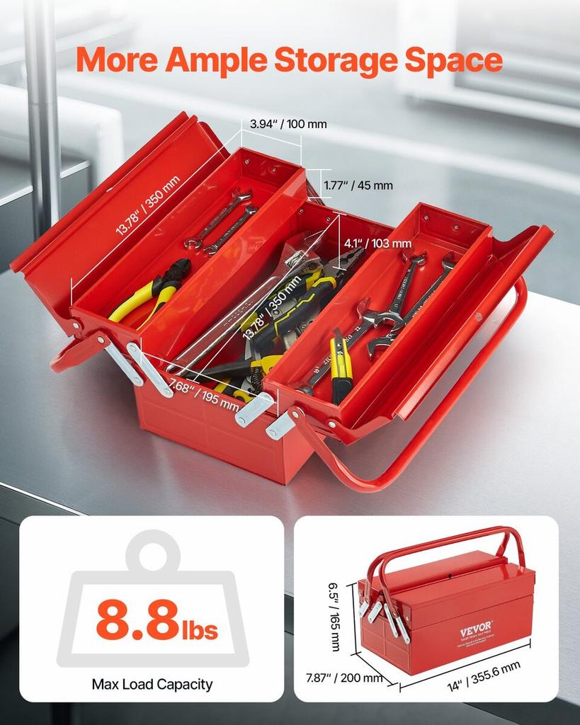 Tool Box 14-inch 2-Tier 3-Tray Folding Cantilever Toolbox with Handle
