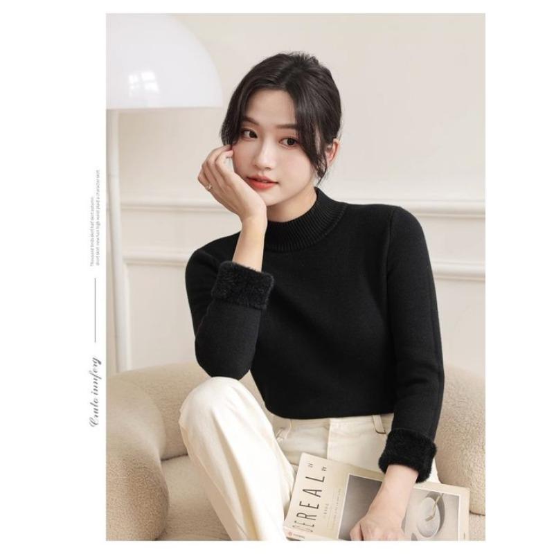 Женский теплый тонкий свитер с полуворотом, корейский утолщенный плюшевый флисовый подклад, трикотажный пуловер, зимний повседневный трикотаж, мягкий, хлопковый