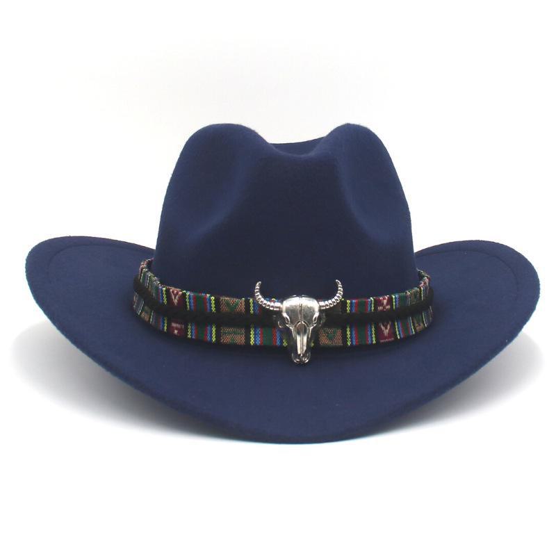 Western Cowboy-Style Wool Felt Hat with Bull Head Accent - Tibetan-Inspired Autumn/Winter Jazz Hat