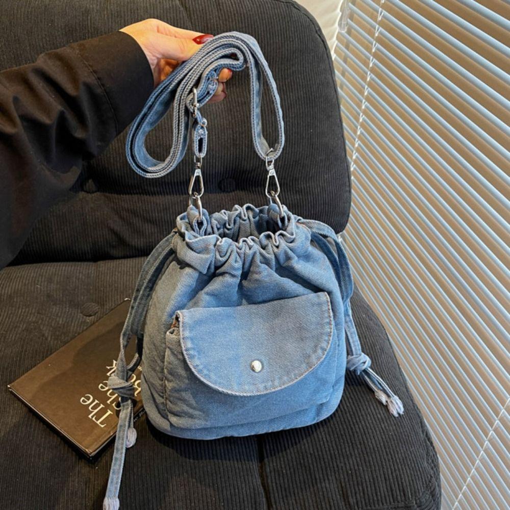 Crossbody Bag Drawstring Bucket Bag Korean Style Mobile Phone Bag Retro Denim Shoulder Bag Women