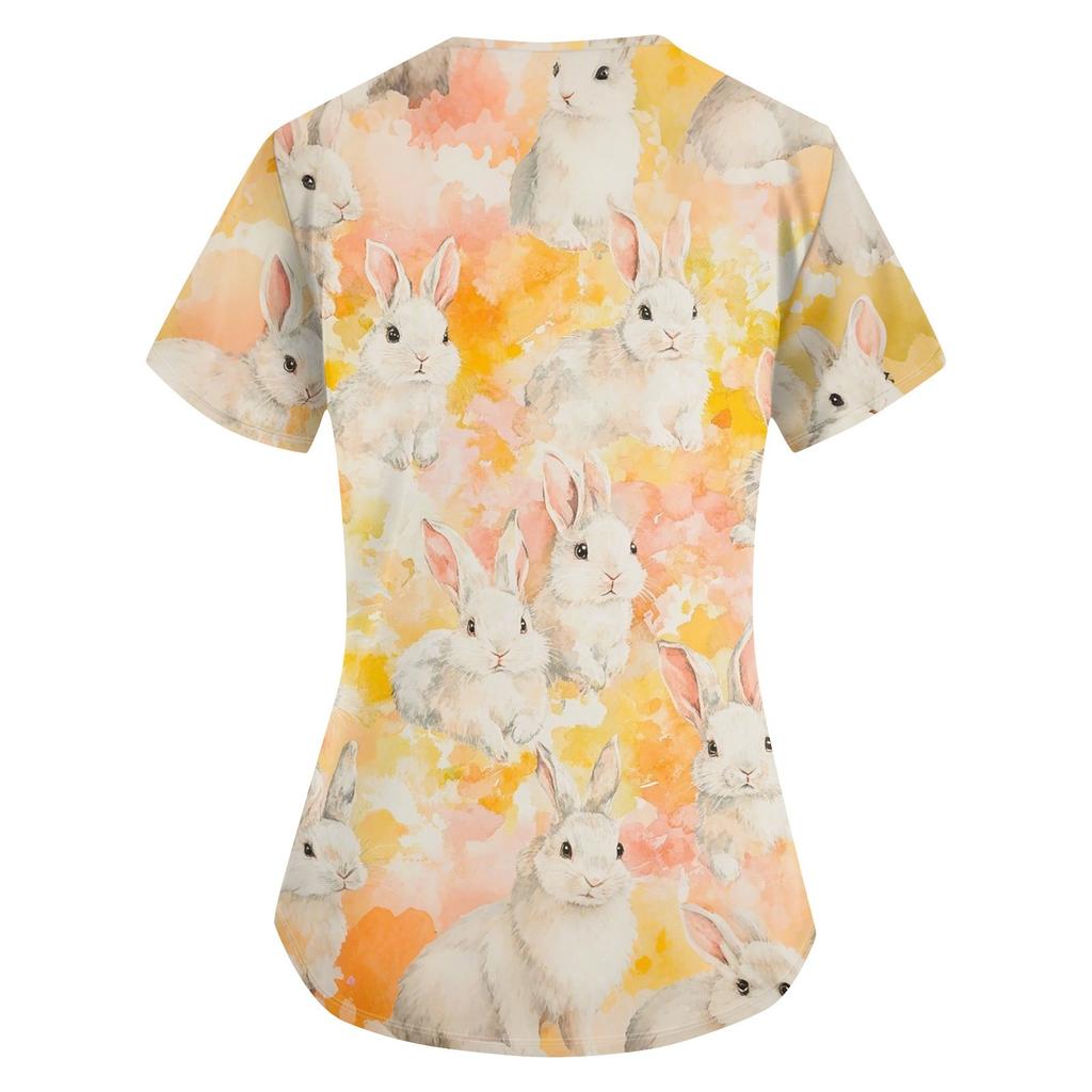 Женская мода с v-образным вырезом, короткими рукавами и карманами, топы с принтом