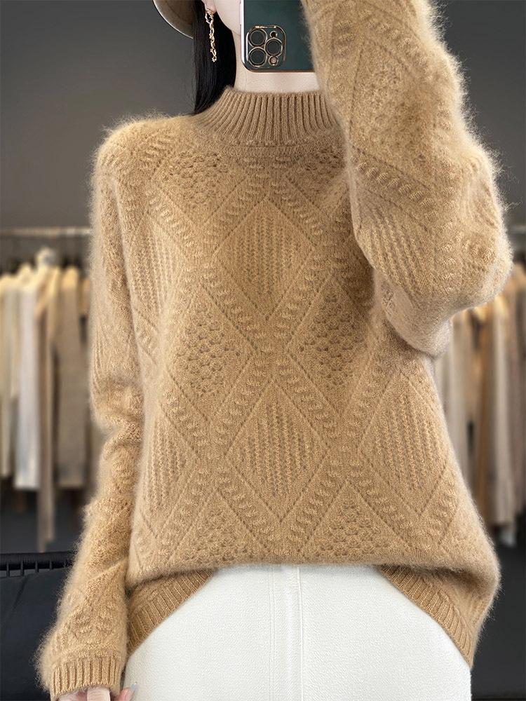 Женский осенне-зимний свитер из чистой шерсти ромбовой вязки - Полувысокий воротник, Универсальный, Элегантный пуловер