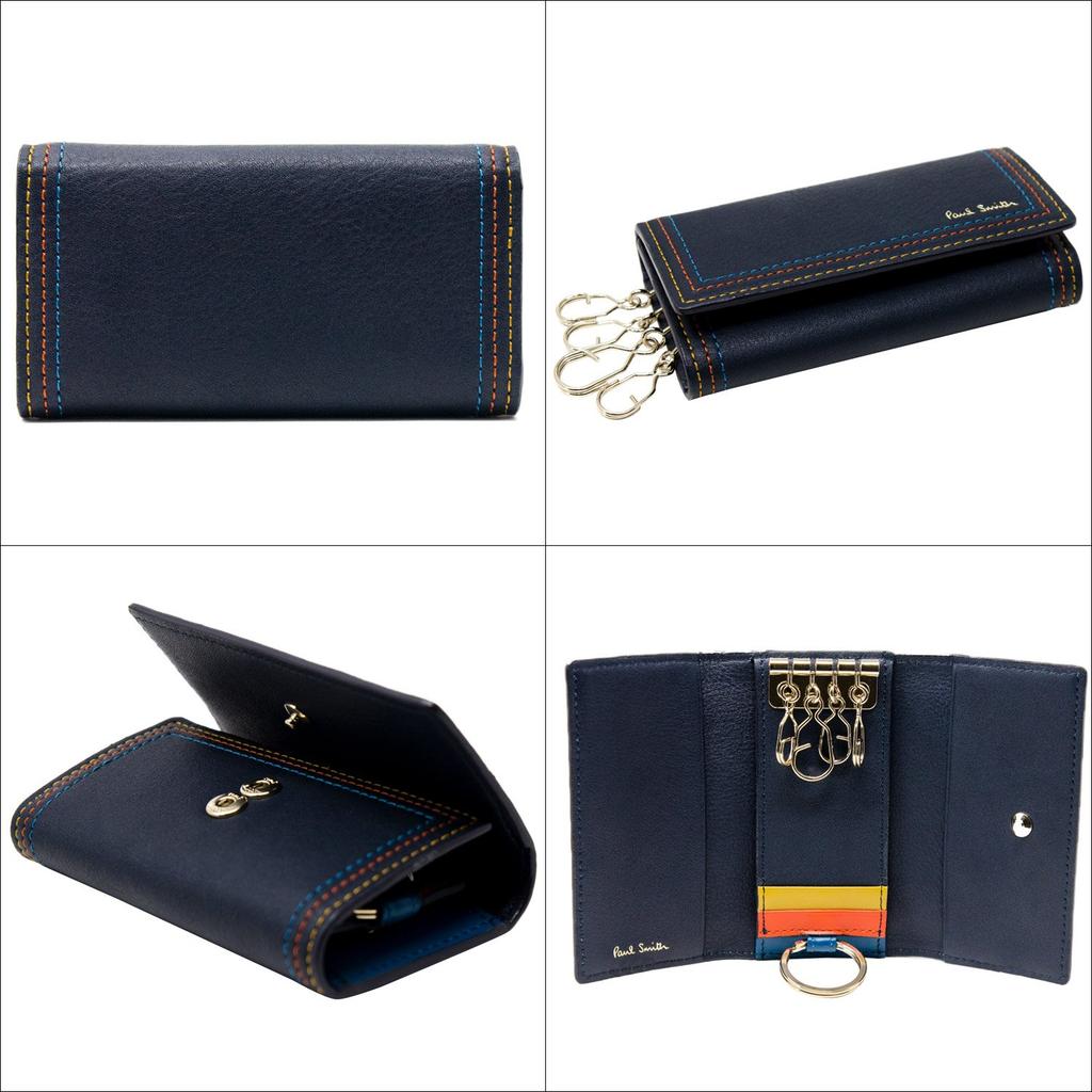 Пол Смит Полосатый кожаный чехол для ключей Пол Смит Натуральная кожа Брелок Имя (Пол Смит) (Без гравировки, темно-синий)