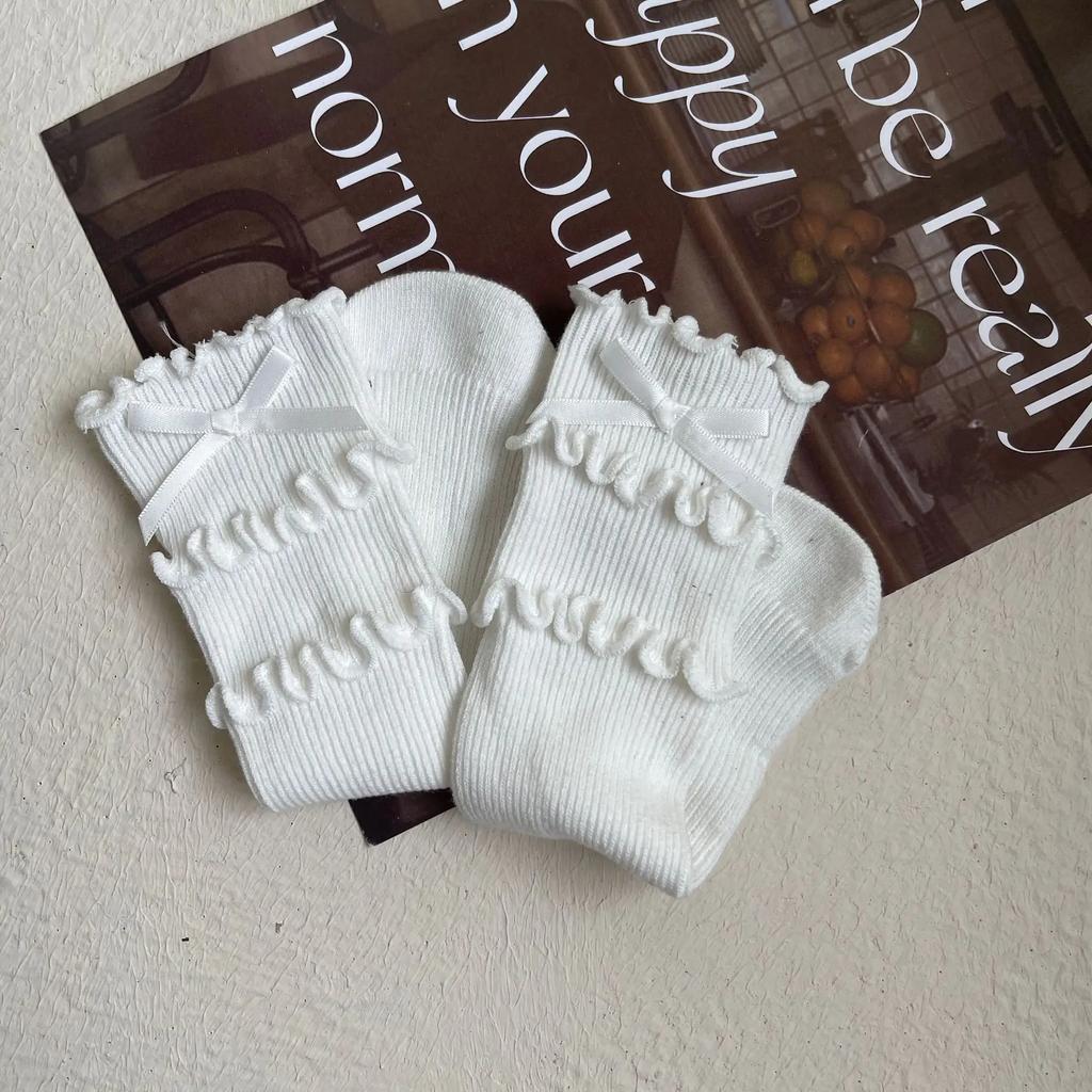 1 пара шикарных осенних носков для девочек из телячьей шерсти, корейские модные носки с оборками и бантом для детей, мягкие хлопковые школьные носки, одежда, аксессуары