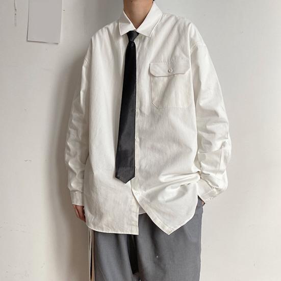 Мужская весенняя рубашка, свободный однобортный свободный отложной воротник с карманами, однотонный кардиган средней длины, повседневный мягкий дышащий мужской топ