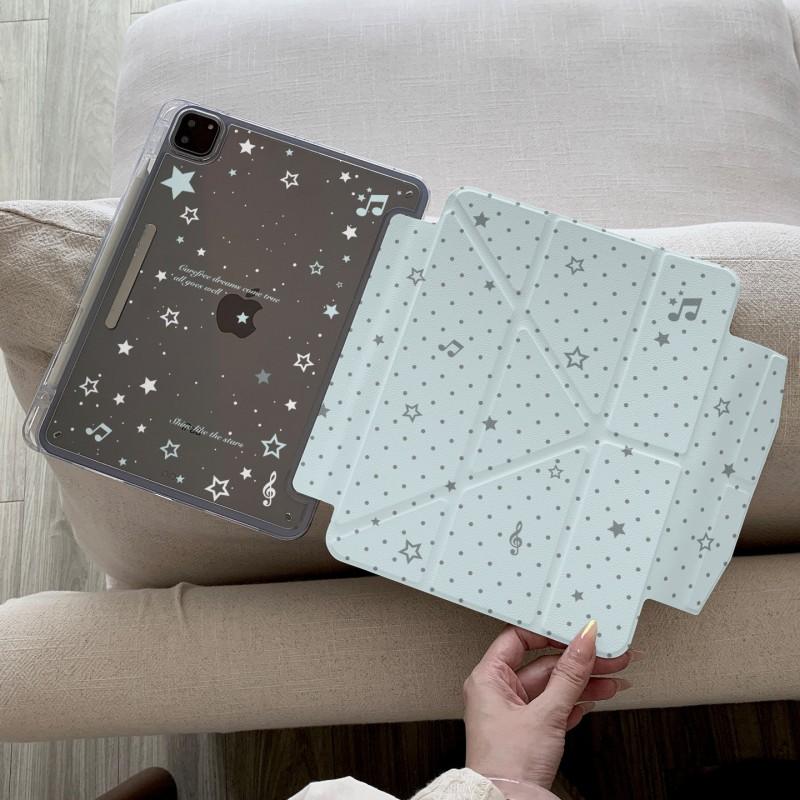 Y-Shape Tri-Fold IPad Case With Pen Slot Blue Star Polka Dot 11 Air 8 7 6 10 Sleep Wake Function