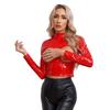 Women's Wetlook Patent Leather Mock Neck Long Sleeve Hollow Out Crop Tops Clubwear